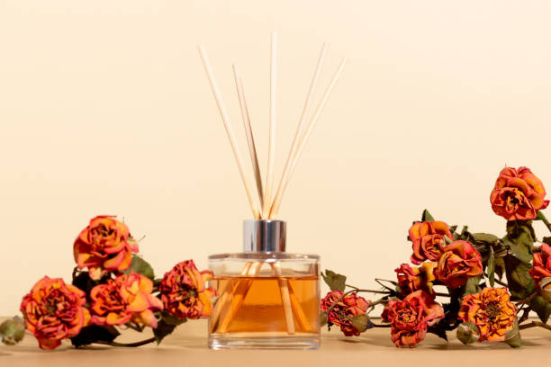 istock reed diffuser with flowers. Incense sticks for the home with a floral scent with hard shadows. The concept of eco-friendly fragrance for the home 1436979249