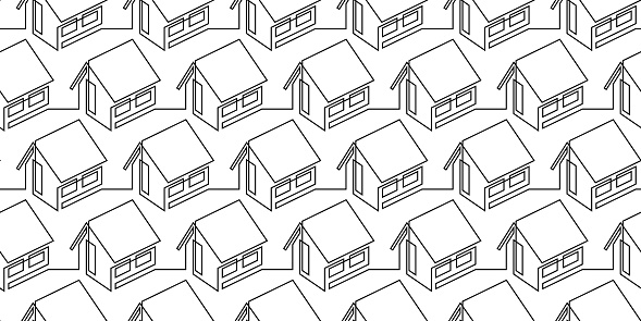 Seamless pattern of isometric houses in continuous line art drawing style. Many typical homes of cottage village black linear design isolated on white background. Vector illustration