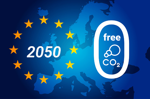 European Union - EU climate neutral in 2050. Free CO2 icon. Zero carbon emissions background. Vector illustration