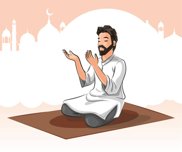 Muslim man praying Muslim man praying to God. Vector cartoon. muslim cartoon stock illustrations