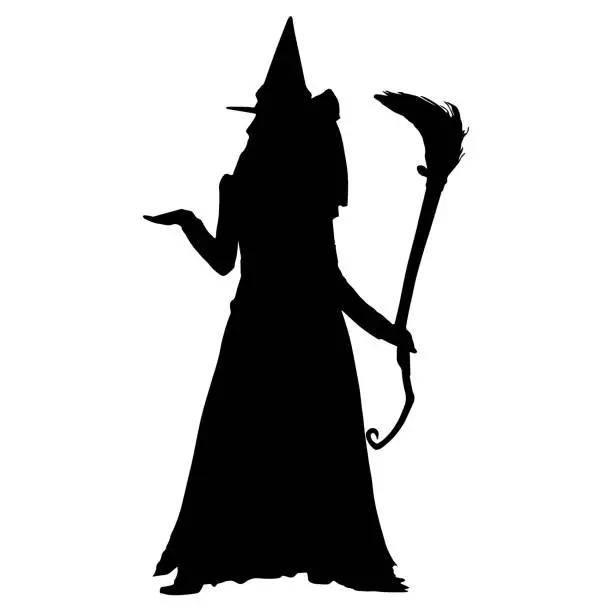 Vector illustration of Halloween witch with magic stick silhouette icon witchcraft cartoon