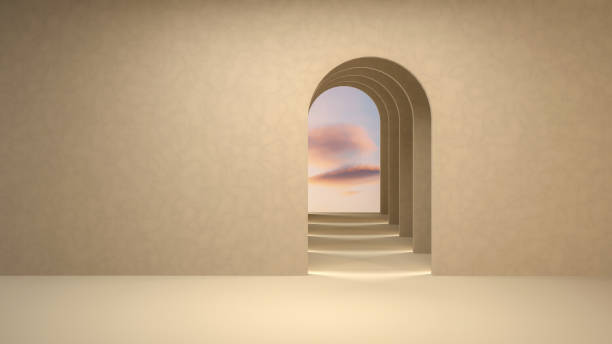 istock 3d Surreal Render, Abstract Modern Minimal Empty Room Scene Background with Archs and Pastel Toned Clouds for Product Display. High quality rendering illustration 1436985255