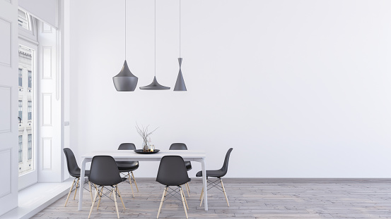 Minimalist Elegant Dining Room, Empty Modern White Wall Illustration Concept, Scandanivian Dining Table and Chairs, Pendant Lamps, Oak hardwood floor, High White Windows, 3d Interior Render.