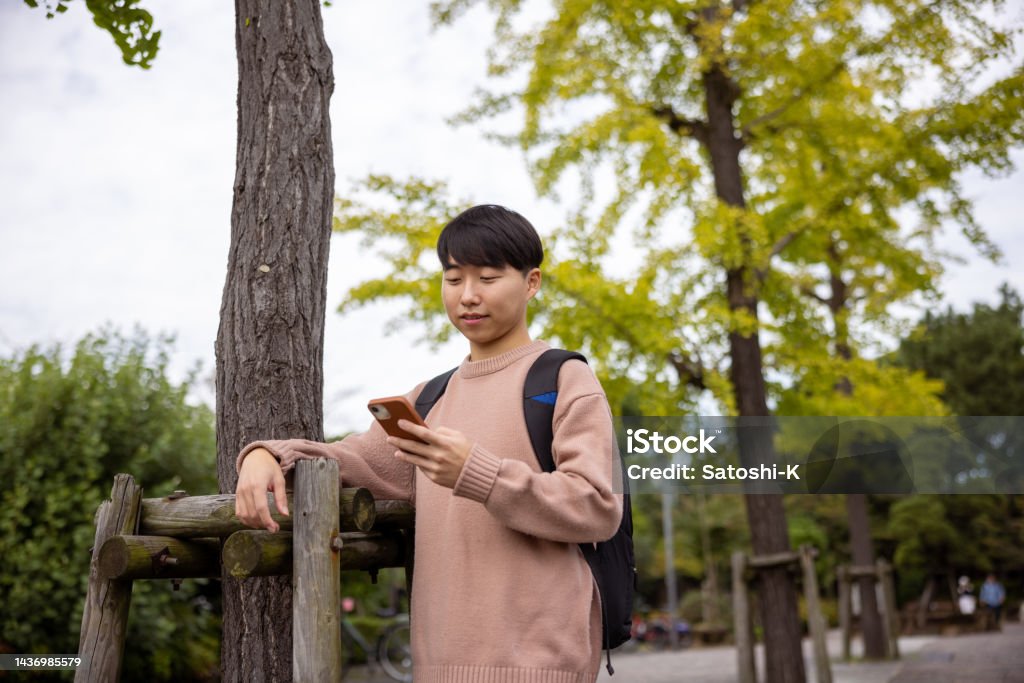 Young Asian man using smart phone in public park Young couple visiting public park 20-29 Years Stock Photo