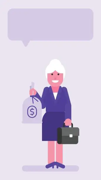 Vector illustration of Old business woman holding suitcase and money bag