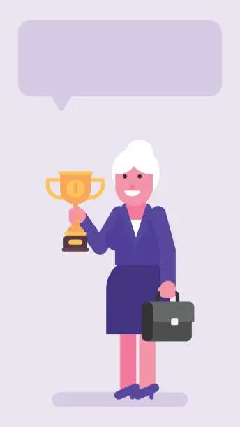 Vector illustration of Old business woman three quarters face holding suitcase and golden cup