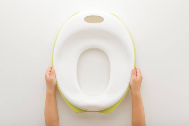 Baby hands holding white lid for toilet seat on light gray table background. Closeup. Point of view shot. Accustom child to toilet. Top down view. Baby hands holding white lid for toilet seat on light gray table background. Closeup. Point of view shot. Accustom child to toilet. Top down view. accustom stock pictures, royalty-free photos & images