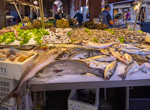 Venice, Italy - October 7th 2022: Fresh fish on ice at a fish vendors table at the outdoor fish market in the center of the old Italian city Venice