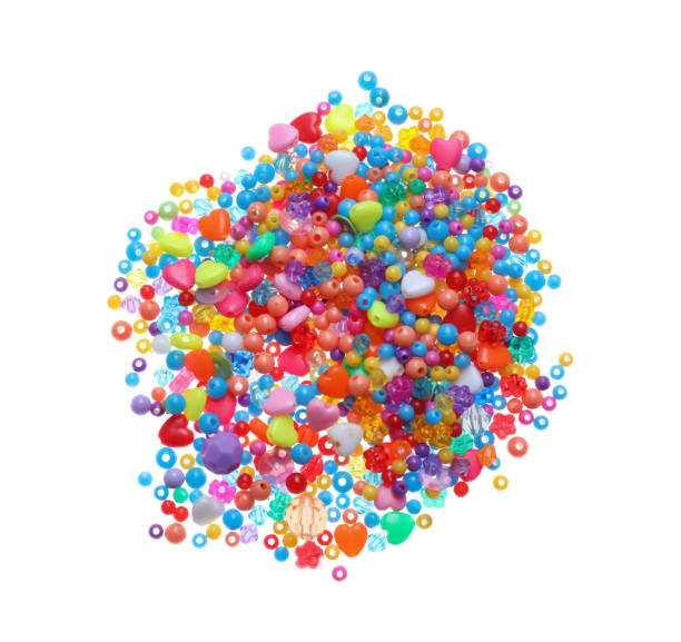 istock Pile of bright colorful beads on white background, top view 1436987844