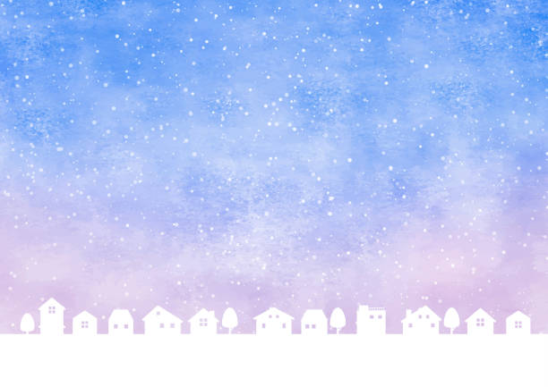 Snow town at dusk watercolor