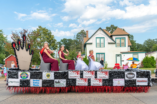 Mora, Minnesota USA July 30, 2022  Parade in Mora, Minnesota for the Kanabec County Fair. Queen float.