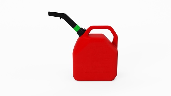Red plastic gas can isolated on a white background. 3D Rendering, Illustration.