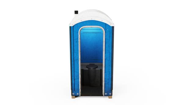 portapotty bleu construction extérieure position porte ouverte vue avant isolée sur fond blanc. rendu 3d, illustration. - porta potty photos et images de collection