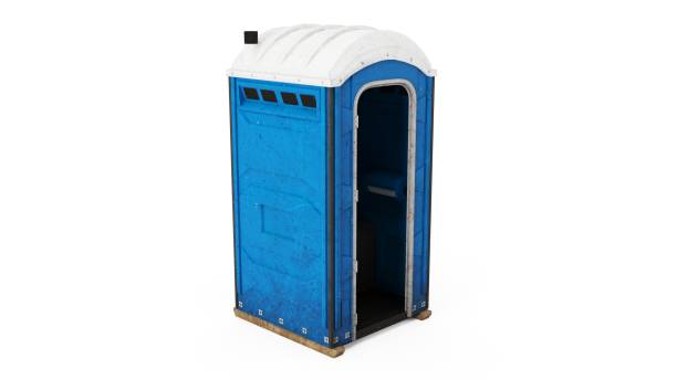 istock Blue portapotty outdoor construction open door position angle view isolated on a white background. 3D Rendering, Illustration. 1436989664