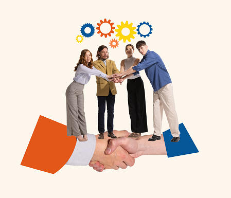 Contemporary artwork. Group of employees putting hands on hands symbolizing professional collaboration and teamwork. Concept of business, motivation, success, career development, growth, cooperation
