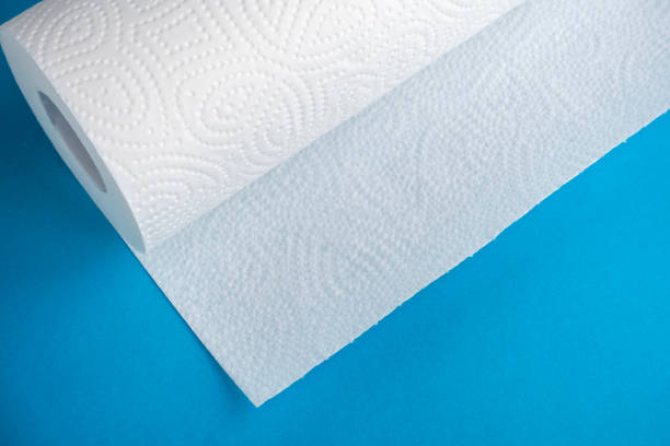 papier zwinięty na ręczniki na niebieskim tle - paper towel hygiene public restroom cleaning zdjęcia i obrazy z banku zdjęć