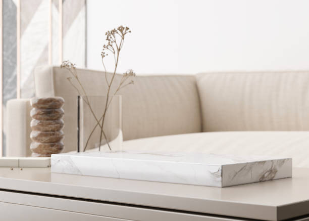 istock Empty marble podium on the table at home. Copy space for your object, product presentation. Modern interior. 3D rendering. 1436991477