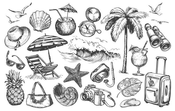 ilustrações de stock, clip art, desenhos animados e ícones de travel set. hand drawn vector illustrations in vintage sketch style. summer tour, vacation, beach holiday concept - sunglasses luggage vector hat