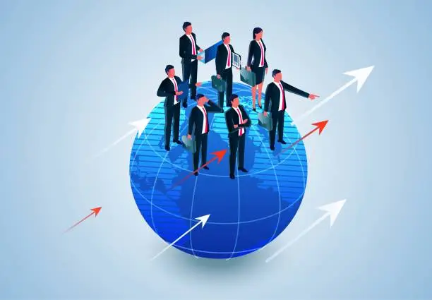 Vector illustration of Global Business and Communication, Global Business Marketing, Global business teams and projects in global marketing and development, international investment growth or companies in the world of business competition, business te