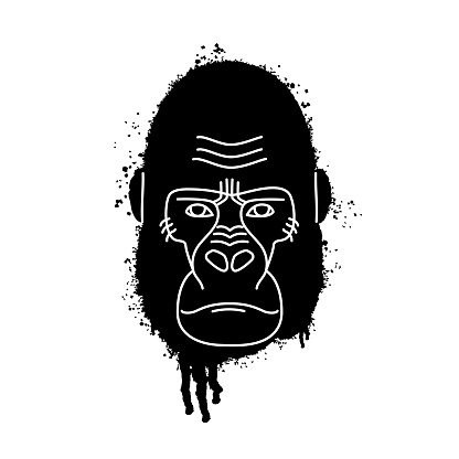 Serious Ape face in Urban street graffiti style. y2k style Monkey NFT. Textured illustration. Black logo isolated on white background. Vector illustration.