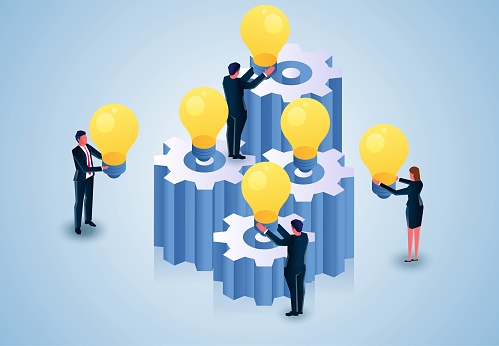 Brainstorming, brainstorming, teamwork and creative thinking, creativity and imagination help business people or business teams solve problems, isometric business teams run light bulbs in the gears