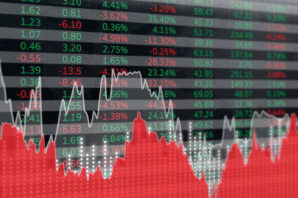 istock Black, red, gray and green finance background with columns, lines, numbers. 3D render, soft focus 1436999541