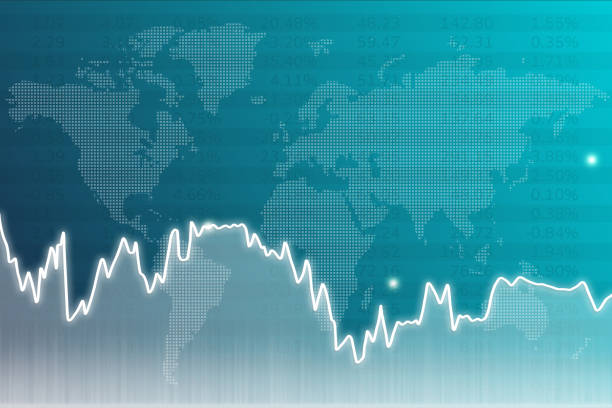 istock Blue finance background with columns, lines, numbers, world map 1436999570