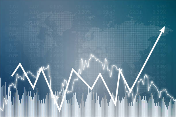 istock Blue finance background with columns, lines, numbers, arrow up. Uptrend 1436999576