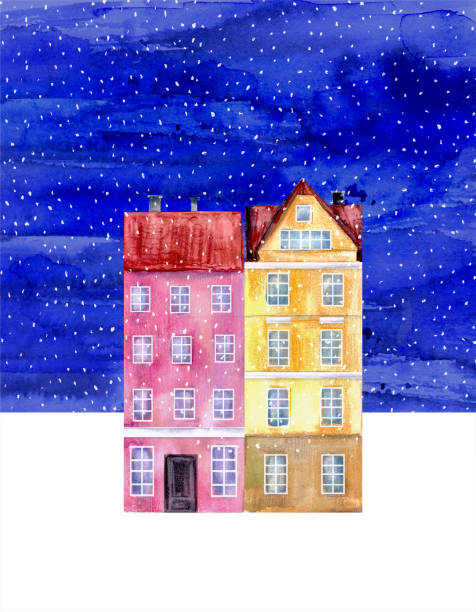 ilustrações, clipart, desenhos animados e ícones de casas de colagem de aquarela desenhadas à mão em cores brilhantes, céu noturno de inverno, flocos de neve - copenhagen illness night travel