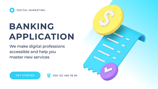 Online banking application financial receipt money shopping payment service social media banner 3d icon vector illustration. Debit credit finance transaction report web technology accounting transfer