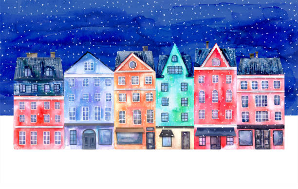 handgezeichnete aquarellcollagehäuser in hellen farben, winternachtshimmel, schneeflocken - copenhagen illness night travel stock-grafiken, -clipart, -cartoons und -symbole