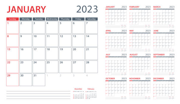 illustrazioni stock, clip art, cartoni animati e icone di tendenza di calendar planner 2023 - modello vettoriale. la settimana inizia la domenica - calendar october time week
