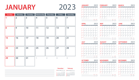 Calendar Planner 2023 - Vector Template. Week starts on Sunday