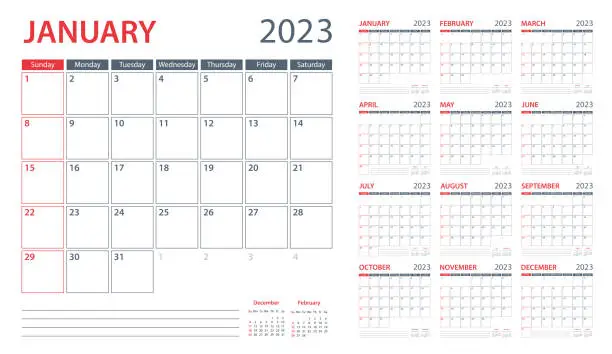 Vector illustration of Calendar Planner 2023 - Vector Template. Week starts on Sunday