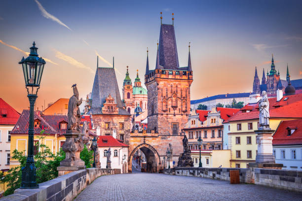 Prague, Czech Republic - Carol bridge and Mala Strana at sunrise Prague, Czech Republic. Mala Strana old downtown of Praha, Bohemia scenic travel place in Europe. hradcany castle stock pictures, royalty-free photos & images