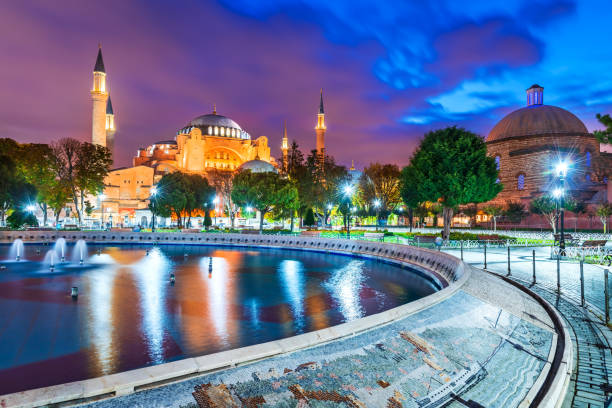 Istanbul, Turkey - Hagia Sophia mosque in Sultanahmet night scene stock photo