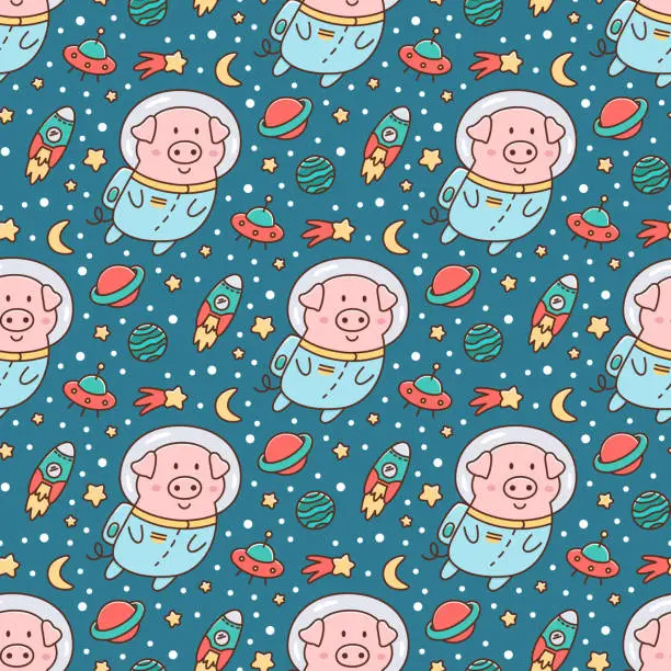 Vector illustration of Seamless pattern with Space Pig or astronaut, in space with objects, on a blue background. It can be used for packaging, wrapping paper, textile and etc.