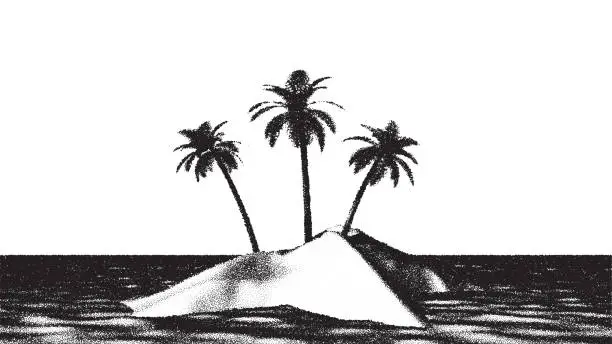 Vector illustration of Beach or tropical island coast landscape with palm tree over sea in retro dotwork style.