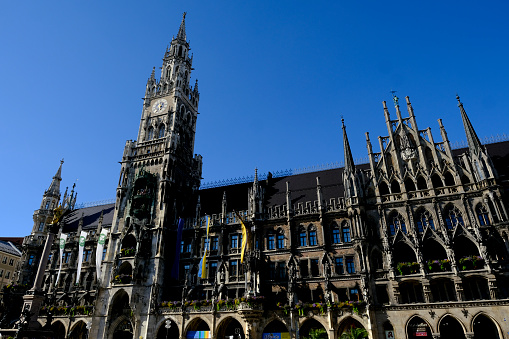 View of Marienplatz which is a central square in the city centre of Munich, Germany. It has been the city's main square since 1158. Munich, Germany, July 25, 2022.