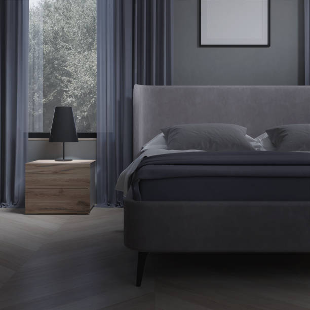 istock Interior of a cozy bedroom in modern design. Night. Evening lighting. 3D rendering. 1437008823