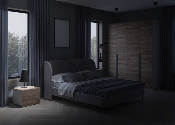 istock Interior of a cozy bedroom in modern design. Night. Evening lighting. 3D rendering. 1437008862