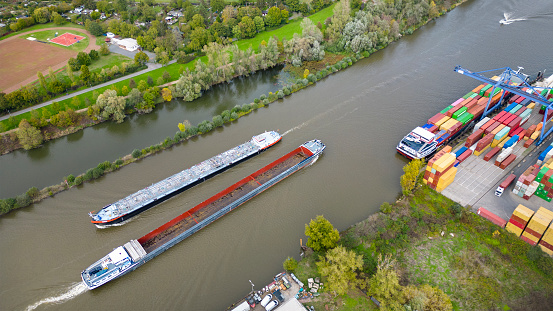 Industrial ships on river - aerial view