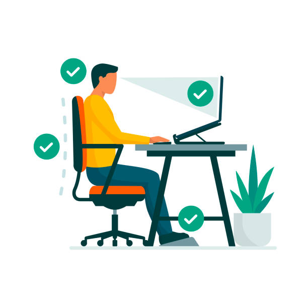 Ergonomic workspace: proper sitting posture at desk Ergonomic workspace and proper sitting posture at desk, man sitting properly at desk and working with a laptop posture stock illustrations