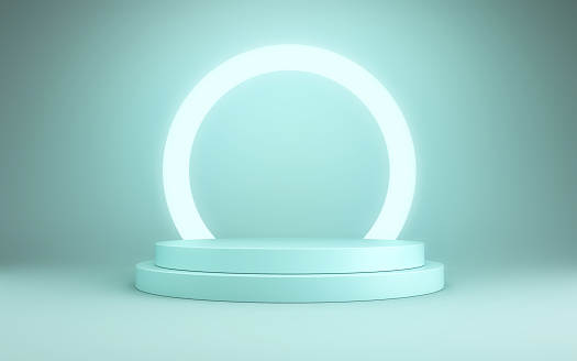 3d render Turquoise Soft Podium Neon Lighting, Round podium on turquoise endless background, product promotion, empty product promotion scene (Close-up)