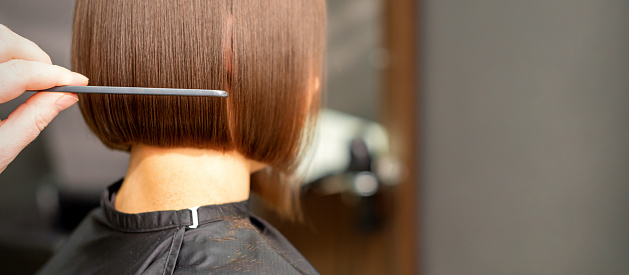 A hairdresser is combing the short hair of the brunette female client in the hairdresser salon, back view