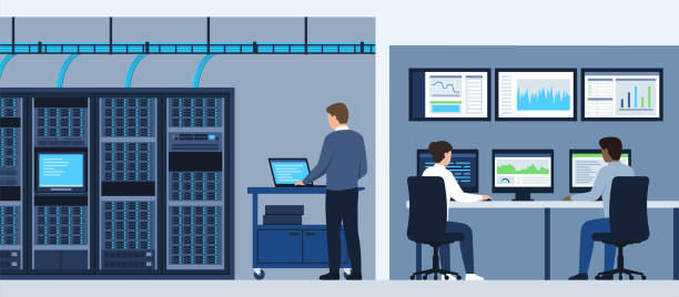 illustrazioni stock, clip art, cartoni animati e icone di tendenza di specialisti che lavorano in un data center - data center network server storage room