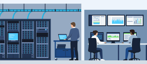 Specialists working in a data center vector art illustration