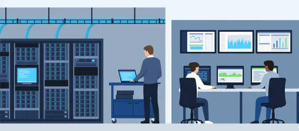 Vector illustration of Specialists working in a data center