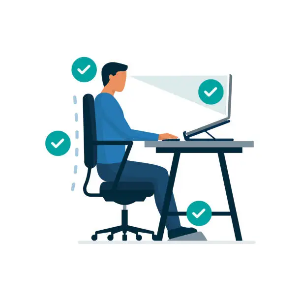 Vector illustration of Ergonomic workspace: proper sitting posture at desk