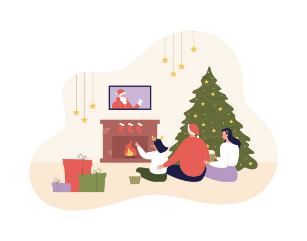Christmas and new year celebration concept. Vector flat design character illustration. Father, mother with girl watch santa claus movie on tv. Decorated fir tree and gift box on indoor background Christmas and new year celebration concept. Vector flat design character illustration. Father, mother with girl watch santa claus movie on tv. Decorated fir tree and gift box on indoor background christmas family party stock illustrations